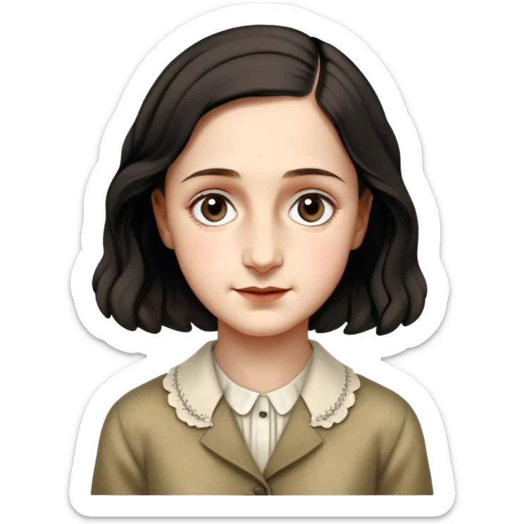 Anne Frank – Cinematic Realistic Portrait of Anne Frank, depicted with a reflective, gentle expression in period clothing, her eyes conveying hope and resilience, rendered with soft, natural lighting and delicate textures that capture the poignancy of her legacy. sticker