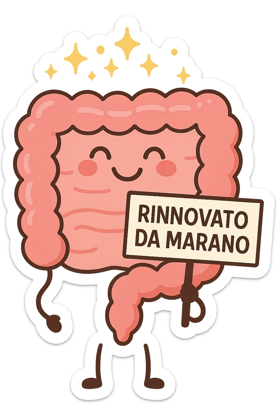 fammi un intestino identico a questo, ma felice e con le scintille di splendore dorate sopra, si sta rinnovando come se fosse in ottima salute, in mano ha un cartello con la scritta "RINNOVATO DA MARANO" sticker
