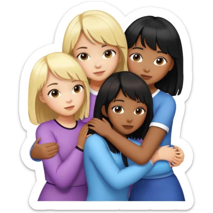 Black girl with slight wavy hair a Asian girl with blonde hair a white girl with brunette girl shoulder length hair and slightly tanned girl with black short hair and fringe all hugging sticker