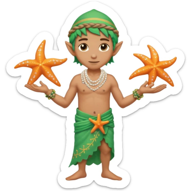 elf male Sarong with bioluminescent embroidery, armful of starfish, hair in a braid with pearl pins, pixel art style sticker