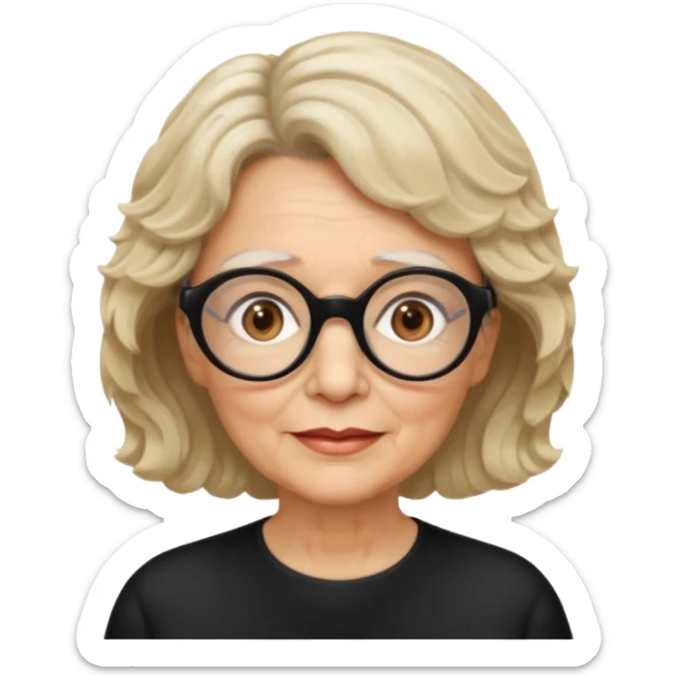 woman 70 years old, short blonde weavy hair, brown eyes and round dark glasses sticker