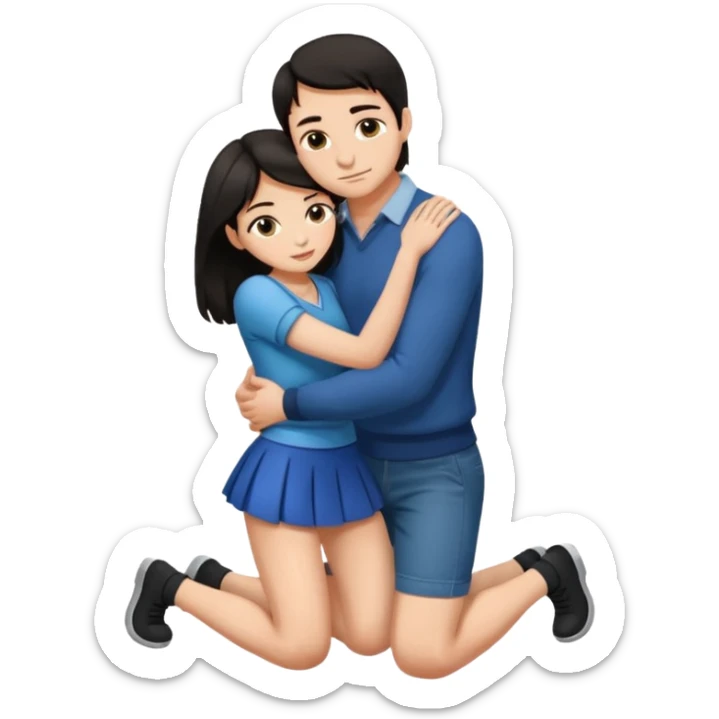 man with dark hair on knees, facing dark haired woman in a micro mini skirt, hugging her waist sticker