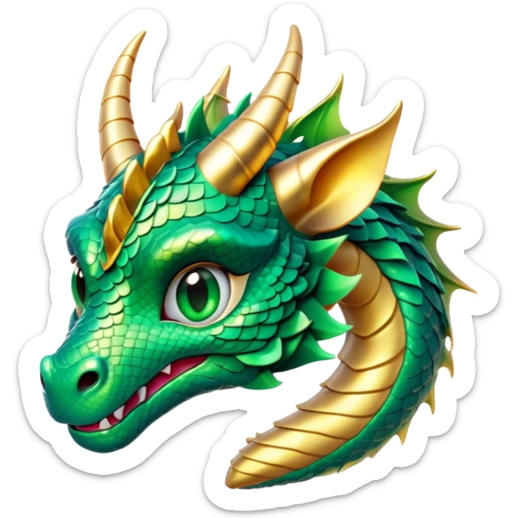 Cinematic Cute Dragon Portrait Emoji, Head tilted playfully and inquisitively, featuring a sleek, serpentine form adorned with iridescent scales that shift between emerald and gold, a delicate set of subtle horns, and round, sparkling eyes full of curious magic; rendered with realistic detail and warm natural light, high shine, affectionate and enchanting, styled with a touch of whimsical fantasy, soft glowing outline, capturing the essence of a mischievous yet lovable dragon that seems poised to slither playfully into your arms! sticker