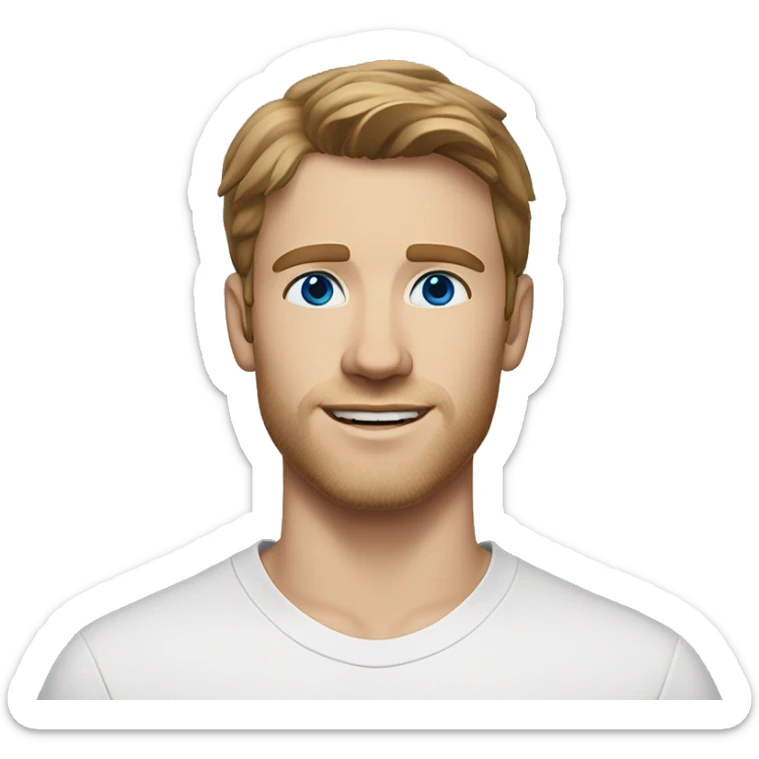 A head and shoulders shot of a 22 year old white man, with short brown hair, with stubble facial hair,   with blue eyes wearing a t-shirt. sticker