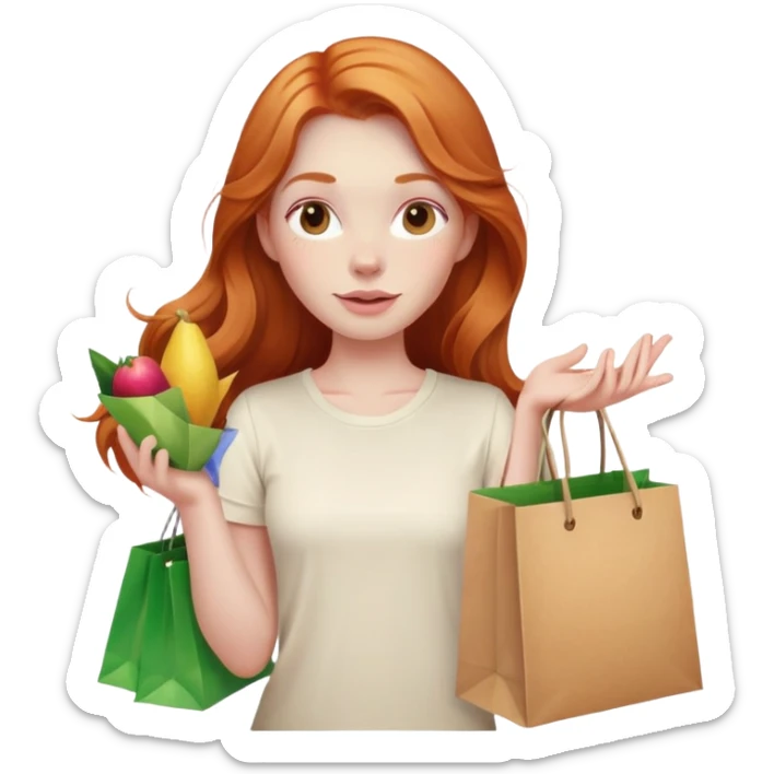 Beautiful Shopping ginger girl pink cheeks long hair holding bags cream shirt sticker