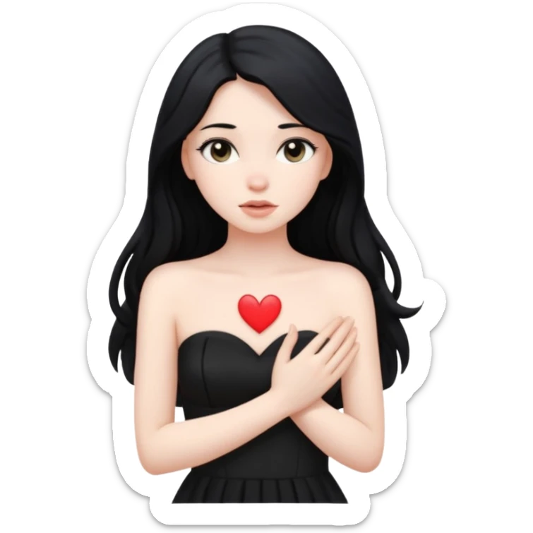 Pale girl with long black hair and black strapless dress with hands over her heart sticker
