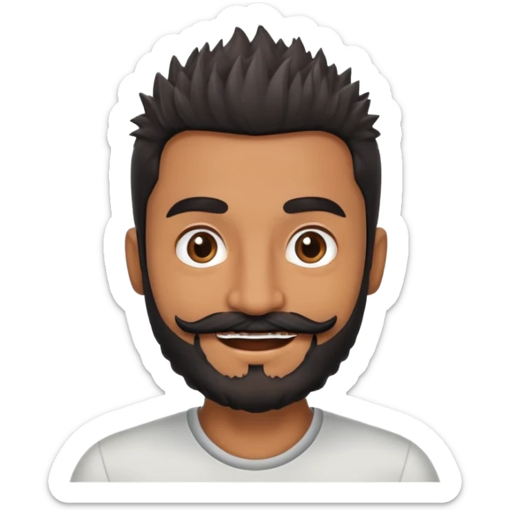 brown dad with slighlty grey bushy beard with brown skin and brown eyes and spiky black hair with a black moustache smiling sticker