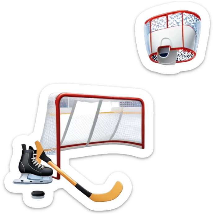 An icon showing a close-up of a hockey stick, puck, skates, and hockey net placed on the ice. The background features a packed stadium with bright lights, cheering fans, and snowy scenery outside. Transparent background highlights the key elements of the game. sticker