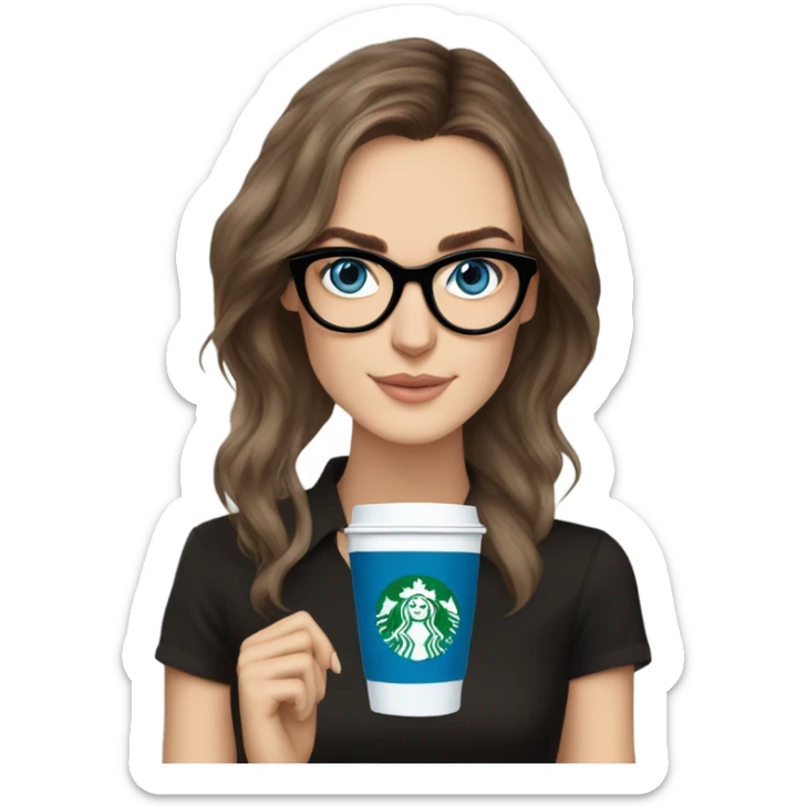  ⁸lHyper Realistic Photo keireav Knightly wearing black glasses and blue eyes holding Starbucks  sticker