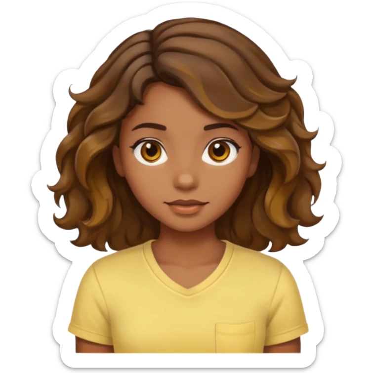  a kinda brown skin girl with brown wavy hair with highlights with brown eyes with a light yellow shirt sticker