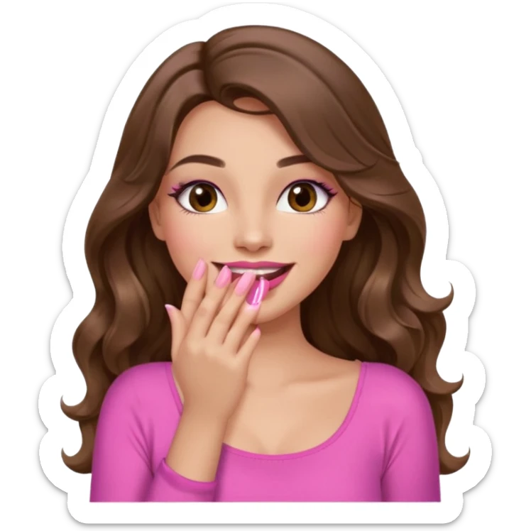 girl with long wavy brown hair, brown eyes, long lashes makeup, pink lips, light to medium complexion, pink sexy top, smiling, hand covering the mouth, giggling sticker