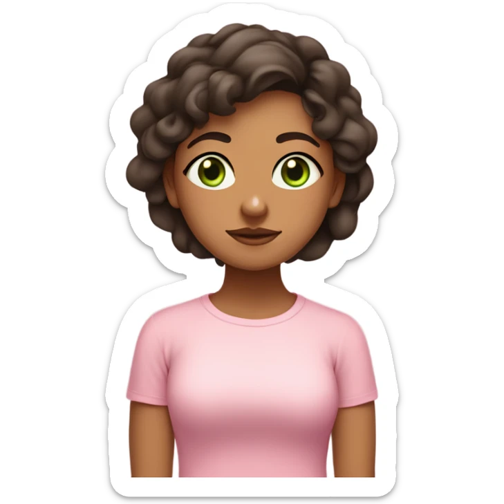 green eyed olive skin girl with dark brown wavy hair wearing pastel pink shirt meditating  sticker