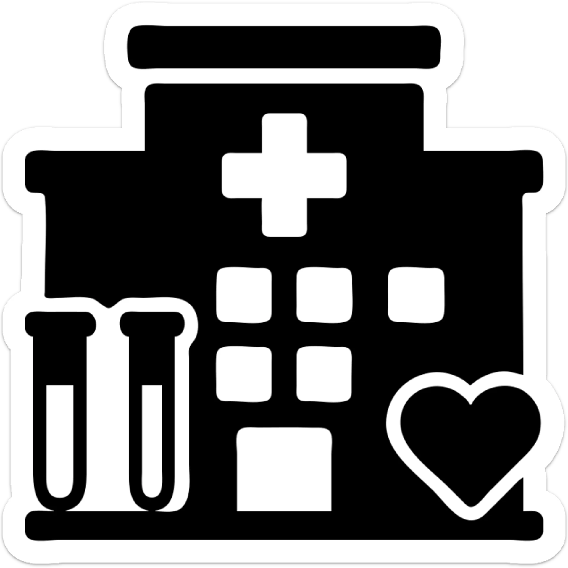 Modern clinic building facade with a red cross medical symbol, test tubes and a small heart icon, clean professional medical facility sticker