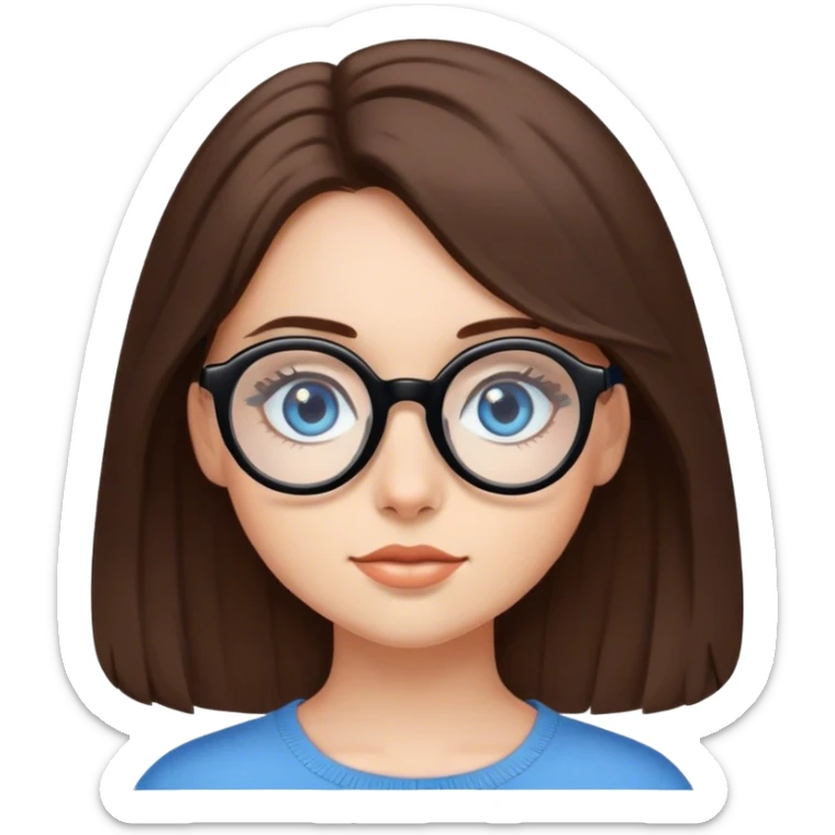 girl with medium-length brown hair, fair skin and blue eyes in black rounded glasses sticker