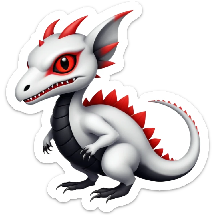 a white exotic edgy vernid-fionbr-Fakémon-creature, with black belly and red eyes, full body sticker