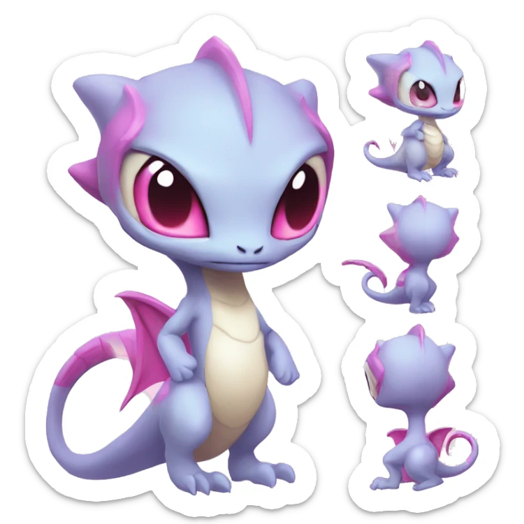 White, Chibi, White body, Anthro-Sona-Lizard-Alien-Salazzle-Mew-Fakémon, with pink eyes, Full Body sticker