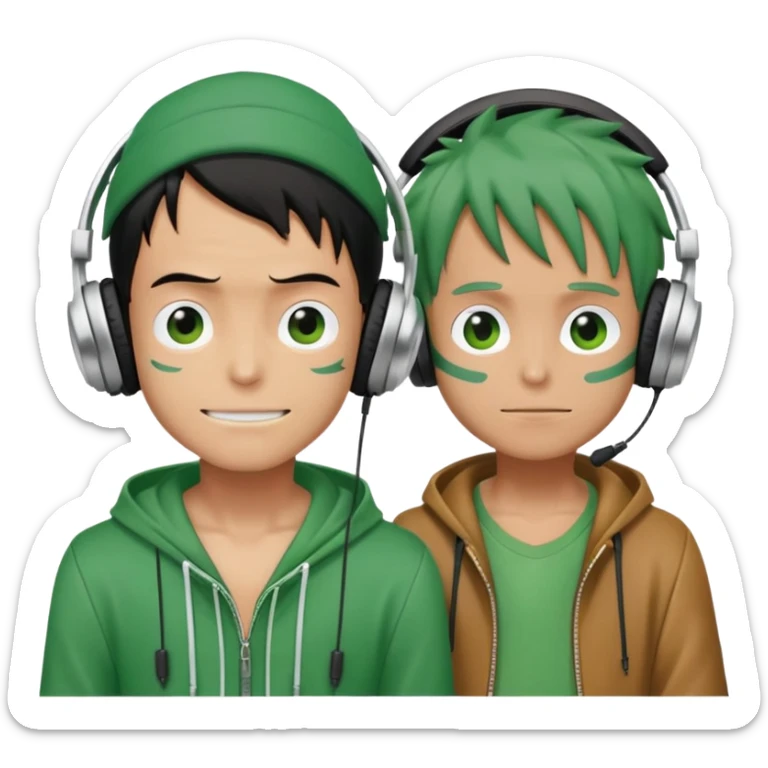 Green Luffy and green Alastor wearing headphones listening to music together sticker