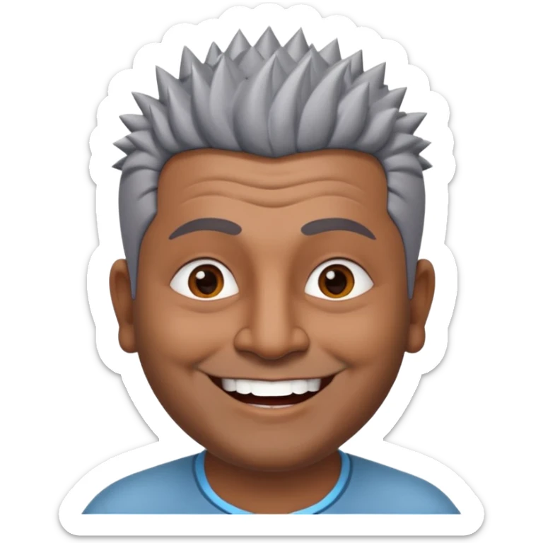 50 yr old indian man, dark skin, grey hair, big smile, white teeth, chubby, no moustache, clean shaven, spiky hair, bindy sticker