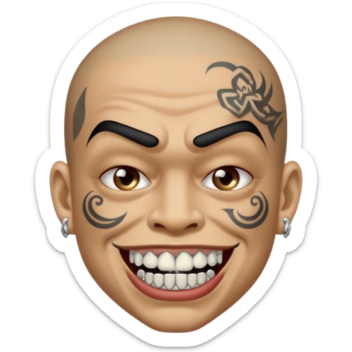 grimacing face emoji with an iced out grille on his teeth and face tattoos in a gangster style sticker