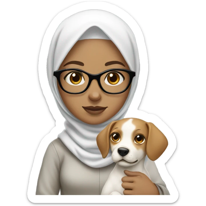 White hijab girl with white skin color, and with glasses on holding a dog sticker