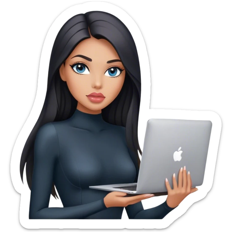 Glamours, tanned, very beautiful girl, with big pump peach-beige-rose lips, black straight smooth silky long hair, straight parting, blue-grey eyes, in black bodysuit holding MacBook sticker