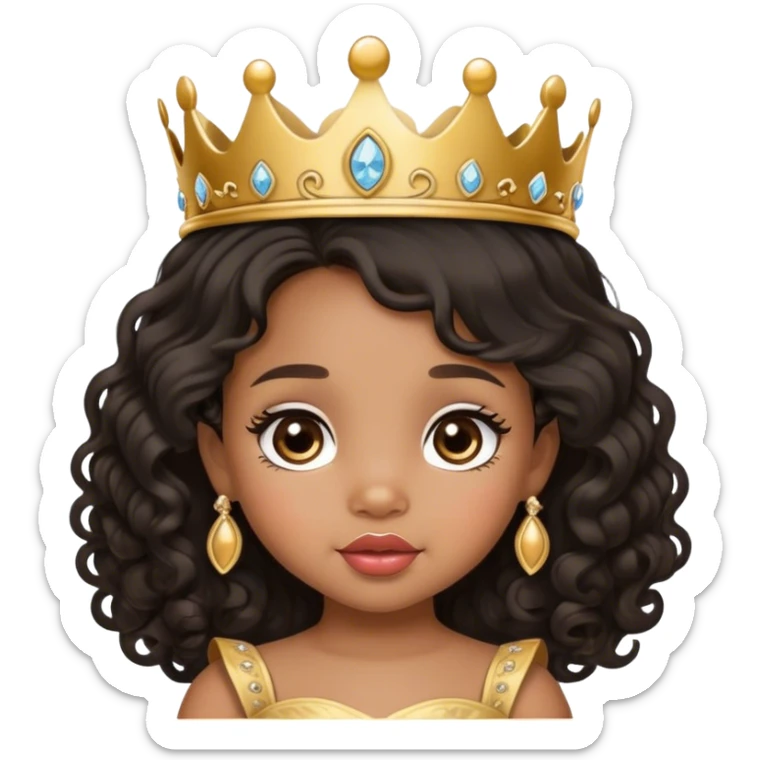 princess, medium brown skin tone, very adorable toddler, with big plump lips, long long lashes, black curly long hair, brown eyes, gold tiara sticker