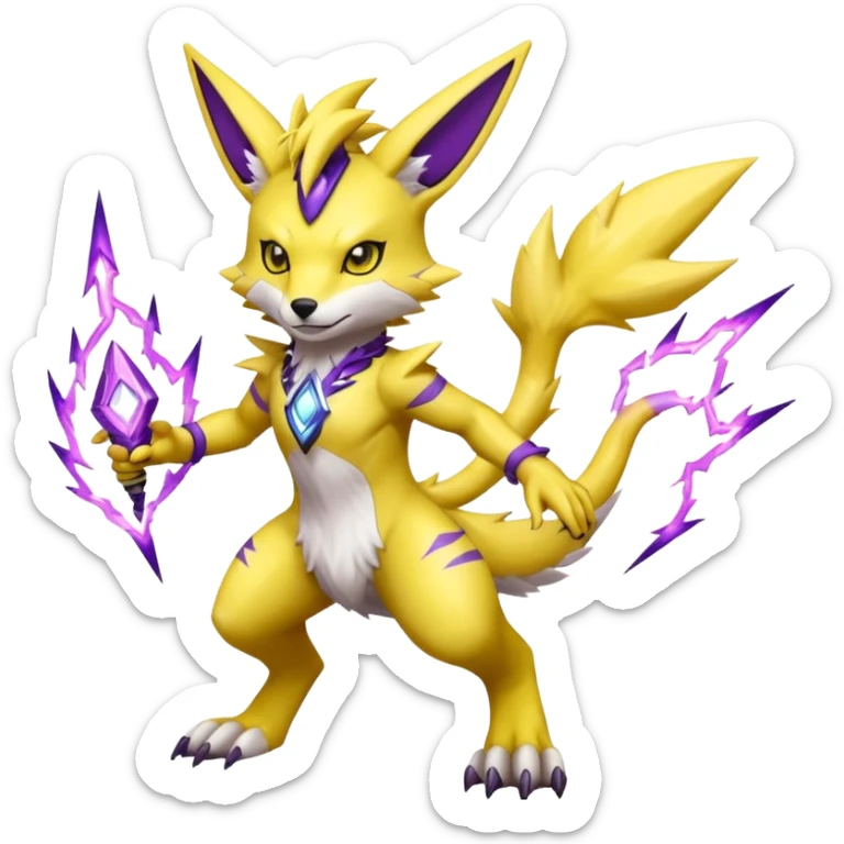 Furry Anthropomorphic Yellow Renamon-Zeraora-Toxtricity-Pokémon-Digimon-Fakémon-fusion with purple lightning-bolt-markings, and facial markings sticker