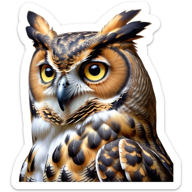 Cinematic Noble Great Horned Owl Portrait Emoji, Poised and regal, with a commanding, broad build and a richly mottled plumage of grays, whites, and subtle browns, deep-set soulful golden eyes, Simplified yet sharp and sophisticated features, highly detailed, glowing with a soft, dignified glow, high shine, intelligent and enigmatic, stylized with an air of nocturnal majesty, focused and attentive, soft glowing outline, capturing the essence of a watchful and confident raptor, so majestic it feels as though it could silently swoop out of the screen with effortless authority! sticker