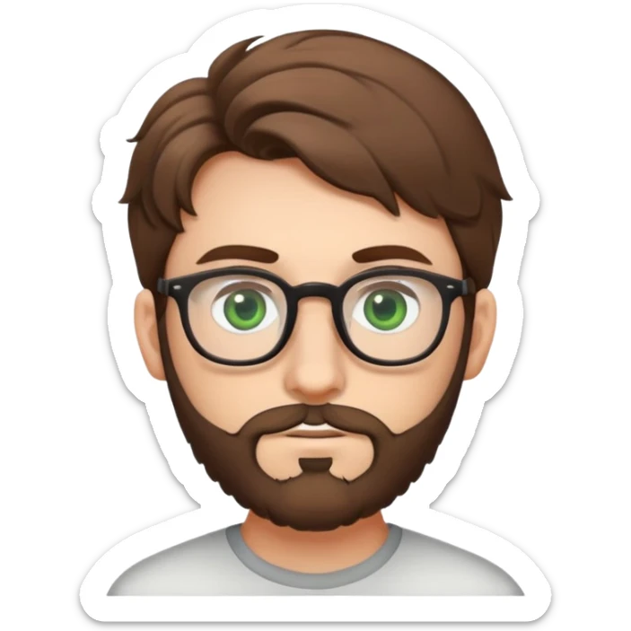 Young man with slightly curled brown poofy hair, green eyes wearing glasses, wide face with eyes set apart, bigger ears, and stubble but not a full beard sticker