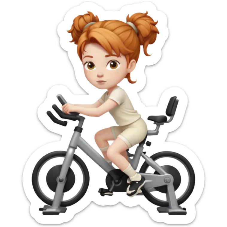Fit Ginger girl big head messy bun riding stationary bike cream outfit sticker