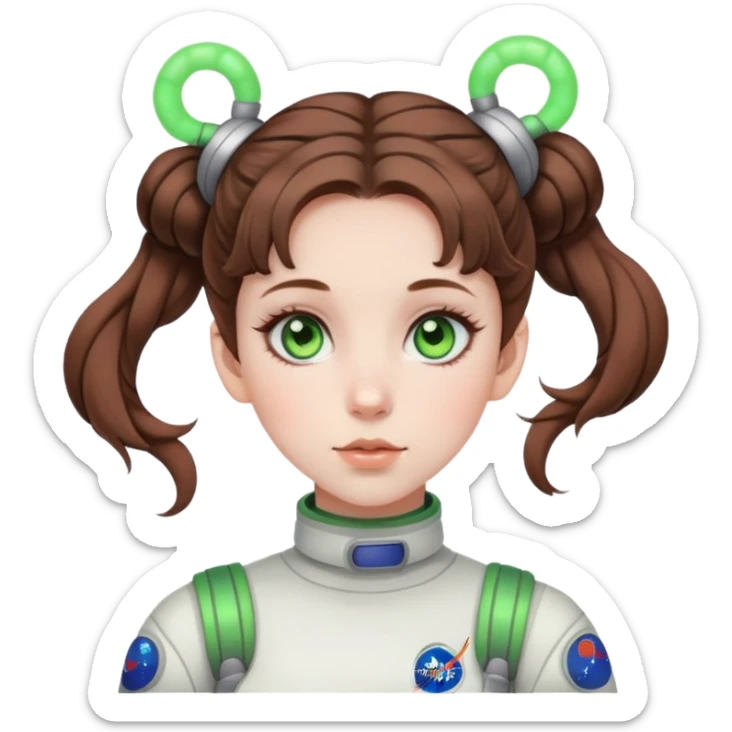 Girl with brown hair in space buns and green eyes crashing out sticker