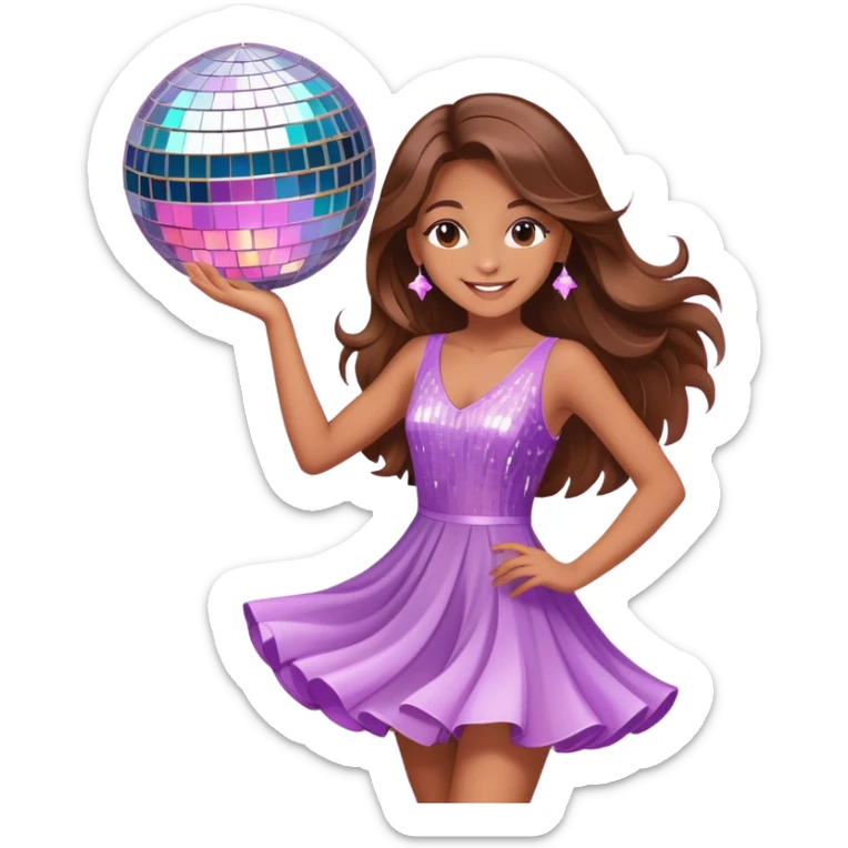 Girl with long brown hair dancing like nobody’s watching, cute elegant quirky  discoball in background pastel  sticker
