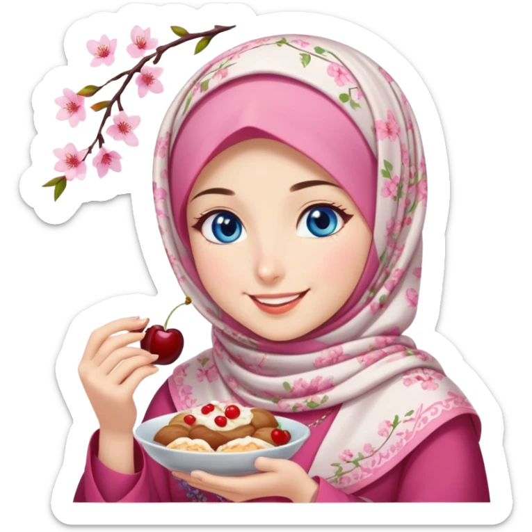 Turkish beautiful finish Konya girl blue eyes with cherry blossom floral hijab islamic dress and she’s savouring delicious food face sticker