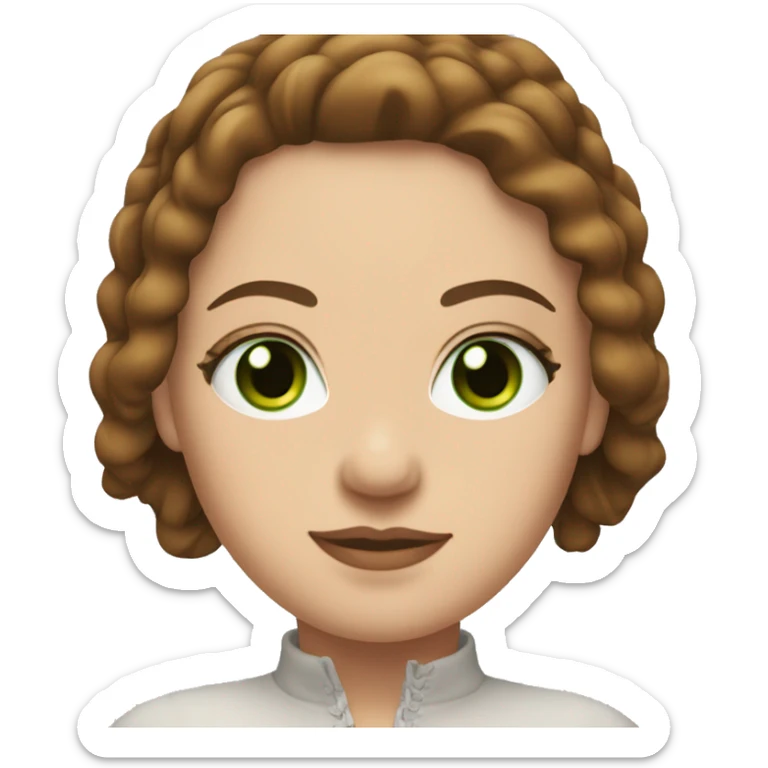 Face of a White curvy girl with green eyes long brown hair with a bit of volume. She’s wearing a top long sleeve with laces sticker