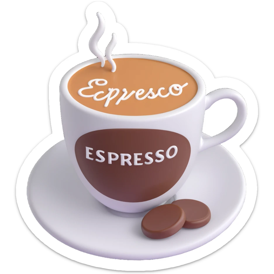 A cup of coffee with the word “Espresso” written on the foam, close-up, warm lighting, simple background sticker