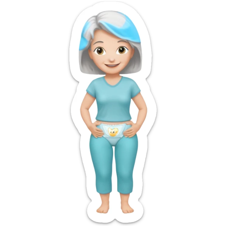 a Woman, mid 50 with light grey hair, wearing pampers (incontinence pants) sticker