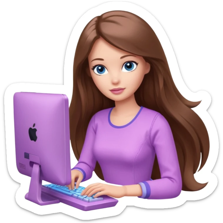 beautiful barbie girl with long brown hair, blue eyes and wearing light purple clothes playing computer games sticker