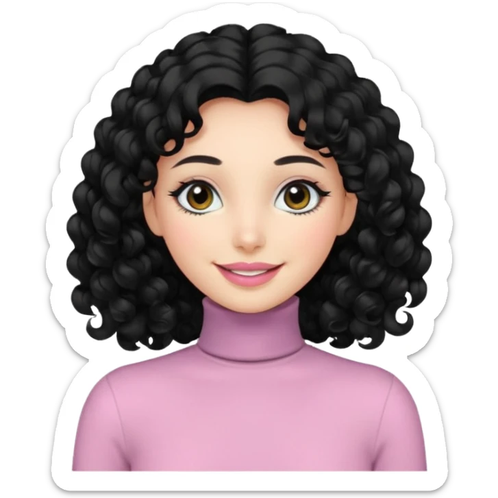 a woman with long sleeve turtle neck top and smile, her hair is long curly and the color is black, her eyes color are black and the color of her lip is soft pink sticker