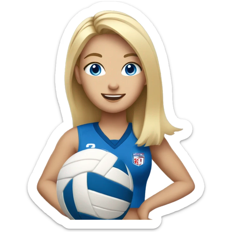 blonde girl with blue eyes  in a volleyball uniform holding a volleyball sticker