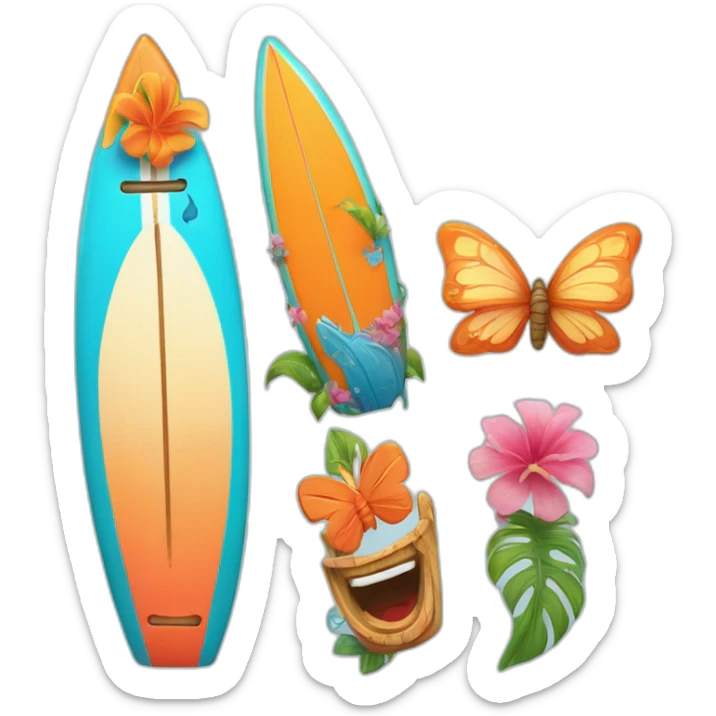 A surfboard Cartoon Blue and orange tiki smiling with butterfly and and Cartoon Blue and pink tiki singing with butterfly and mikrophone sticker
