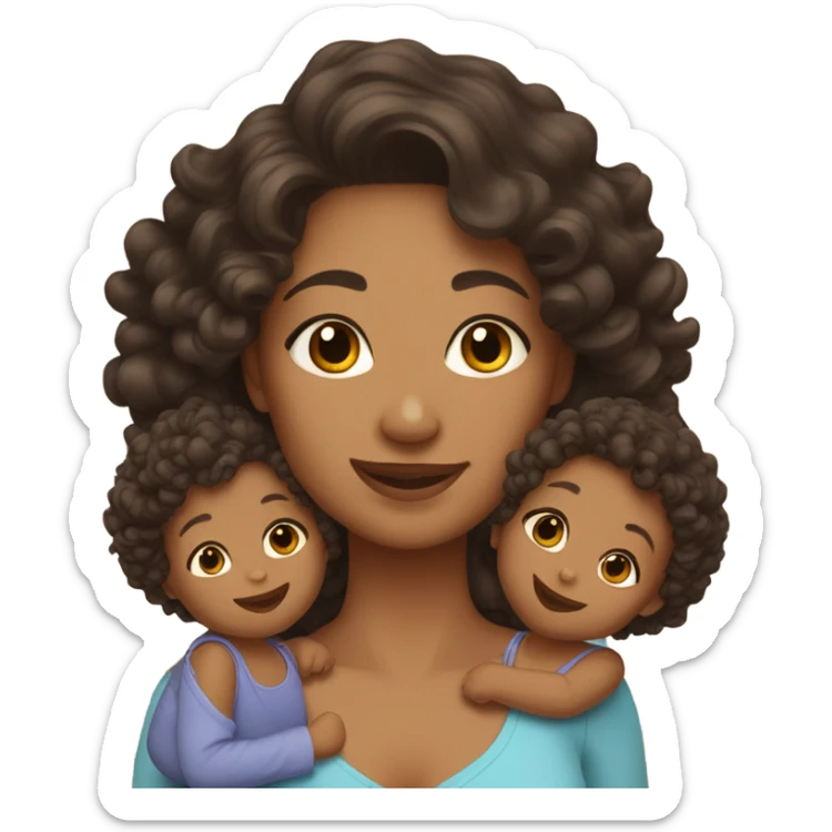 mom with light tan skin, shoulder length dark brown curly hair carrying 2 babies  sticker