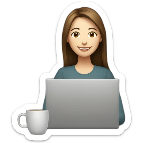 eyes closed smiling woman pale skin middle brown long straight hair holding a closed laptop and a coffee mug sticker