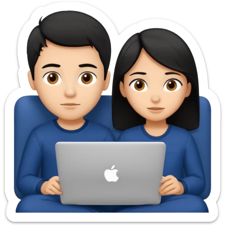 black haired boy and girl in navy blue pajamas , watching movie on laptop sticker