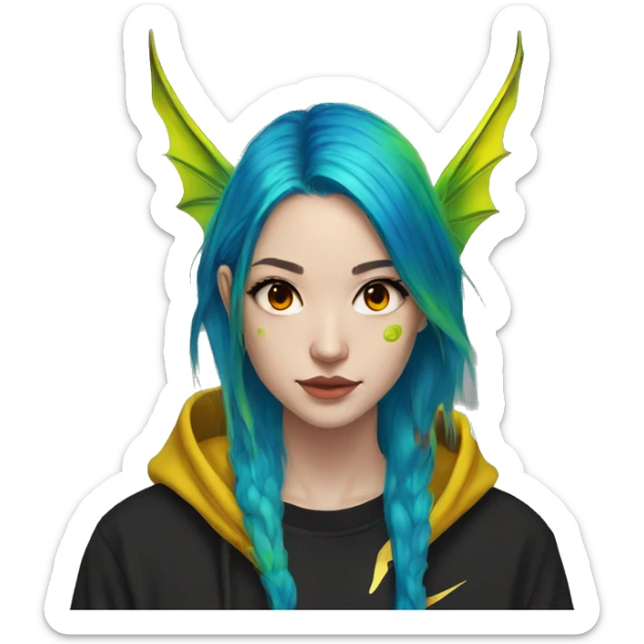 Lady with brunette and iridescent blue hair, gold, lime green dragon wings, black hoodie, bleach dyed, black and gold Nike t shirt, and bright red eyes sticker
