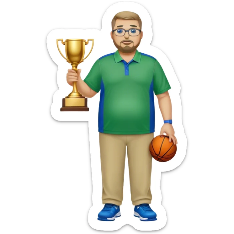  full body white obese male basketball coach with trophy. Goatee , Wearing glasses and blue and green nike polo shirt and khaki pants sticker