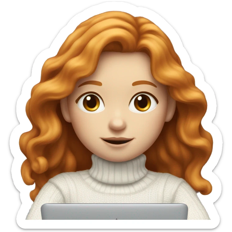 ginger girl with wavy long hair and blue eyes in turtle neck white sweater working on a laptop sticker