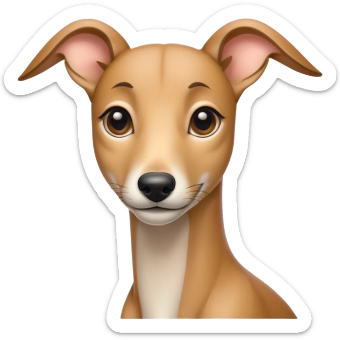 Cinematic Noble Fawn Greyhound Portrait Emoji, Poised and regal, with a slender, aerodynamic build and a smooth, elegant fawn Fur, deep-set soulful eyes, Simplified yet sharp and sophisticated features, highly detailed, glowing with a soft, dignified glow, high shine, intelligent and agile, stylized with an air of grace, focused and attentive, soft glowing outline, capturing the essence of a watchful and swift companion, so majestic it feels as though it could dash out of the screen with effortless authority! sticker