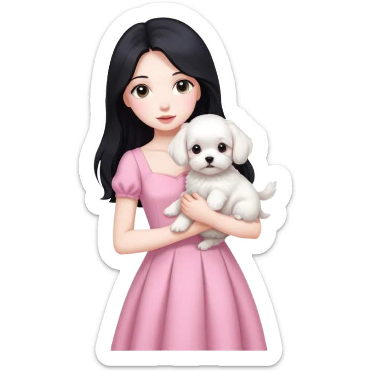 beautiful girl with long black hair wearing pink dress holding a white Maltese puppy sticker