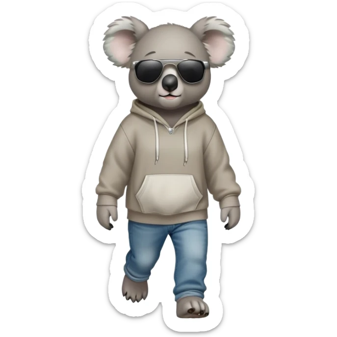 anthropomorphised koala full body wearing a hoodie and jeans dark sunglasses walking sticker