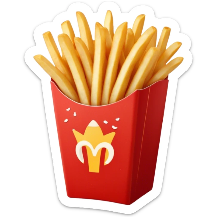 Cinematic crispy golden French fries, piled high, sprinkled with salt, served in a red carton, warm and inviting, rich golden hues, perfectly crunchy and delicious. sticker